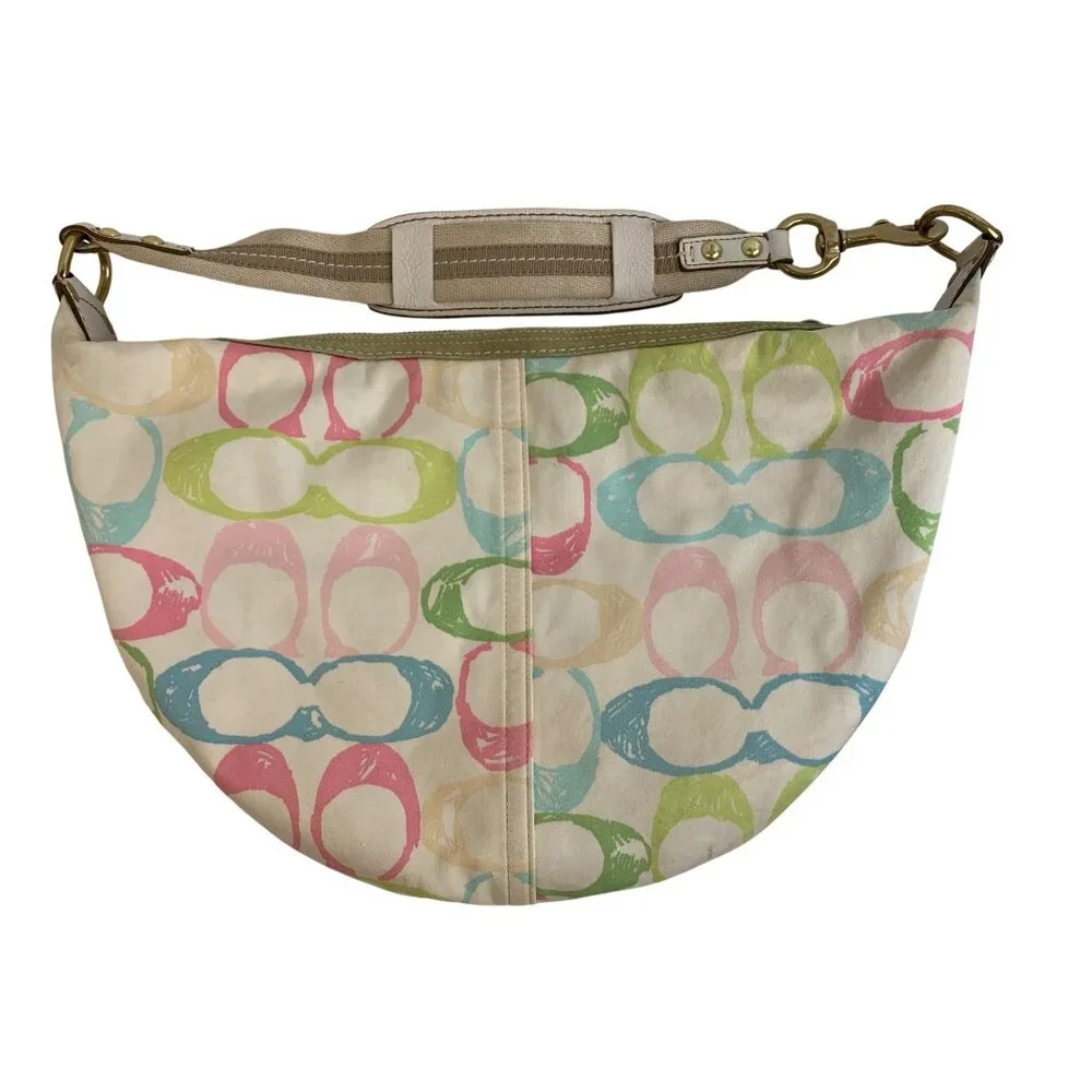VTG Y2K Coach Multicolor Signature Print Hobo Bag Leather Accents Canvas